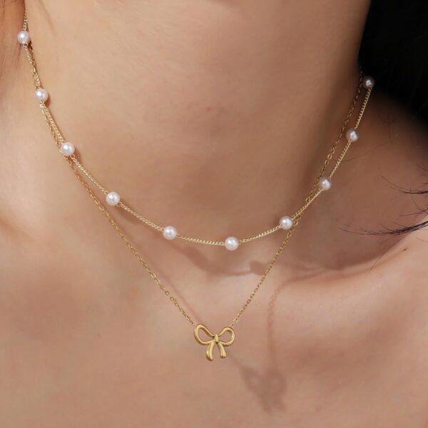 Simple Pearl Double Layer Choker Fashion Gold Color Necklaces Chain Small Bow Pendant Necklace - Image 2