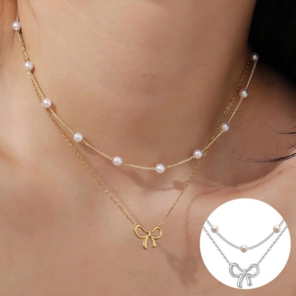 Simple Pearl Double Layer Choker Fashion Gold Color Necklaces Chain Small Bow Pendant Necklace