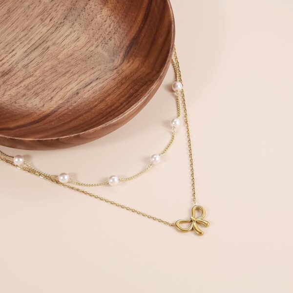 Simple Pearl Double Layer Choker Fashion Gold Color Necklaces Chain Small Bow Pendant Necklace - Image 3